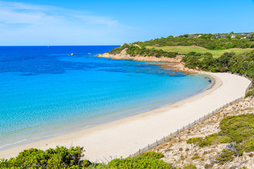 A view of beautiful white sand beach Grande Sperone with azure sea water, Corsica island, France