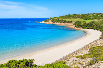 Fototapeta premium A view of beautiful white sand beach Grande Sperone with azure sea water, Corsica island, France