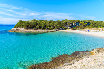 A view of idyllic Petit Sperone beach with crystal clear turquoise sea water, Corsica island, France