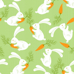 White rabbits with carrots. Seamless vector pattern. Animal background.