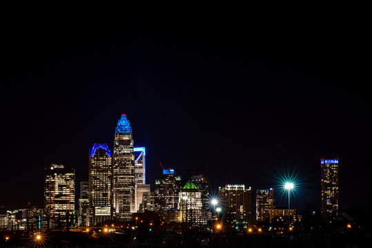 The colorful Charlotte, North Carolina skyline taken at night a week before the Super Bowl . 