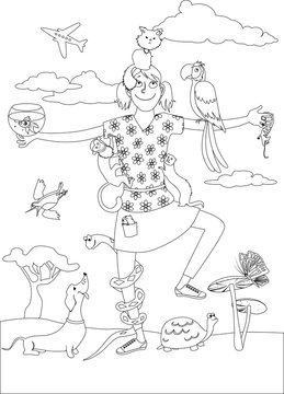 Pet sitter coloring page. Black outline of a girl surrounded by various pets, EPS 8 vector illustration