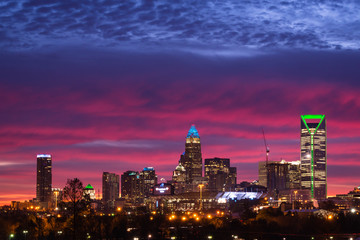 An amazing morning in Charlotte, North Carolina. The colors in the sky were amazing and made the city that much more beautiful the week before the Super Bowl. 
