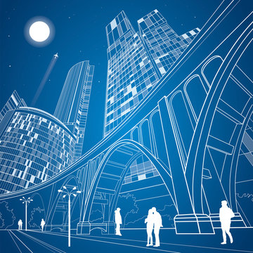 Big bridge, night city on background, vector industrial and infrastructure illustration, vector lines landscape, neon town, vector design art