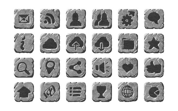 A Set Of Realistic Stone Textured User Interface Buttons And Icons