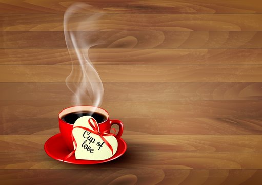 Red cup of coffee with a heart shaped valentine note on wooden b - Powered by Adobe