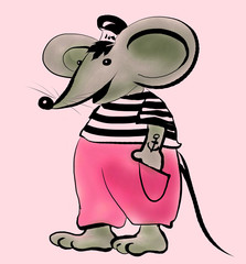 Mouse smiling, vest, cap, tattoo, anchor, hands in pockets, striped, gray, red, pink, black, sailor