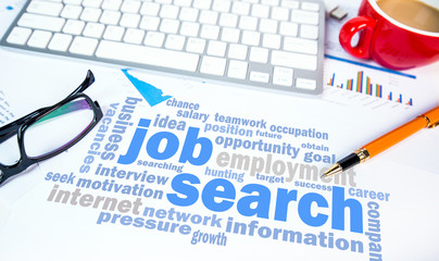 job search concept word cloud chart; office scene