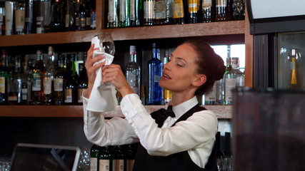 Pretty barmaid wiping a wine glass