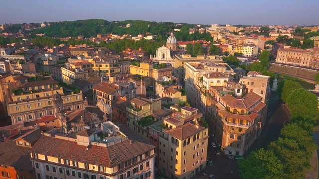 Aerial Roman architecture and Castel Sant angelo fortress and bridge view in Rome, Italy.
