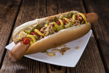 Homemade Hot Dog with onions and sauces
