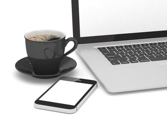 Fototapeta premium Laptop smartphone and coffee cup