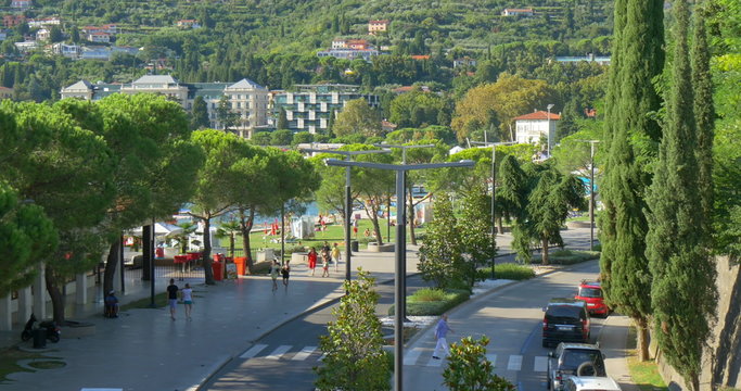 Portoroz Slovenia south, city street, summer Adriatic sea 4K video
