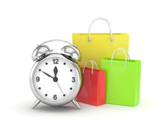 alarm clock and shopping bag (time to buy concept)