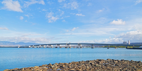 Admiralty Clarey Bridge, Ford Island, Pearl Harbor, Hawaii. Panoramic view on the bridge on a sunny day.