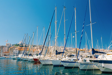 Fototapeta premium Yachts Are Moored At City Pier, Jetty, Port In Marseille, France
