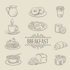 Decorative hand drawn icons breakfast foods 