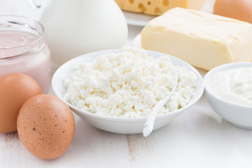 fresh dairy products on white wooden background, closeup