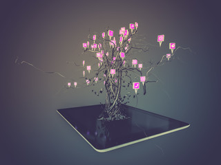 Social media icons set in tree shape on Modern black tablet pc.