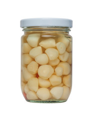 Pickled garlic in a glass jar, Isolated on white background.