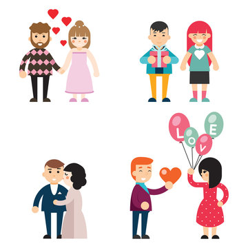 Happy couples in love Valentine Day men and women characters Concept Flat Design Vector Illustration