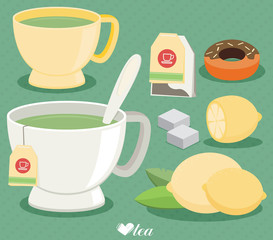 Flat vector tea set. Cup of tea, lemon, sugar, leaf.