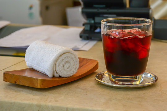 Welcome drink, Roselle juice and cold towels in luxury hotel