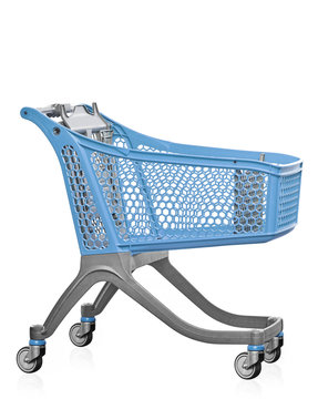 Empty blue shopping cart isolated on white background