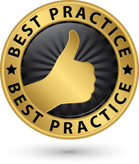 Best practice golden sign with thumb up, vector illustration