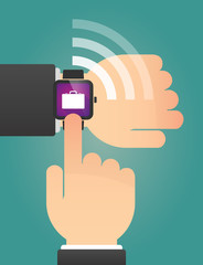 Hand pointing a smart watch with  a breiefcase