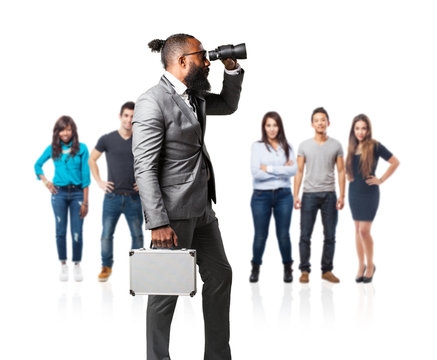full body business black man holding a suitcase and binoculars