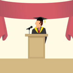 Simple cartoon of a man in graduation gown giving a speech on po