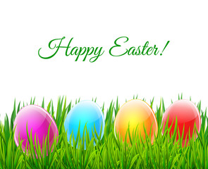 Happy Easter greeting card with colorful glass eggson green gras