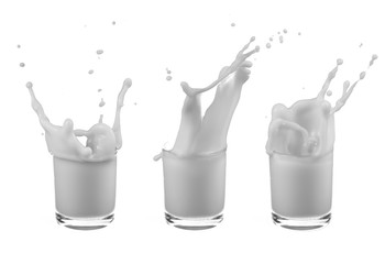 splash of milk in transparent glass on white background