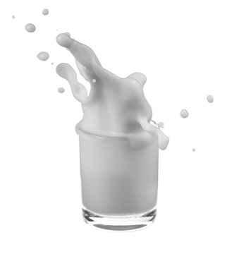 splash of milk in transparent glass on white background