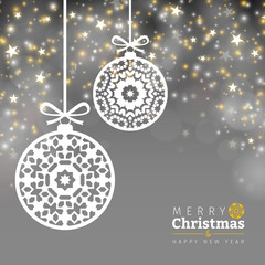 Christmas balls ornaments on silver background, abstract lights, vector illustration