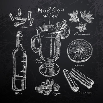 wine, mulled wine and spices drawn in chalk on a blackboard