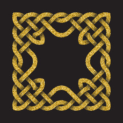 Golden glittering square frame in Celtic knots style on black background.