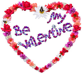 Beautiful heart with legend made of different flowers on white b