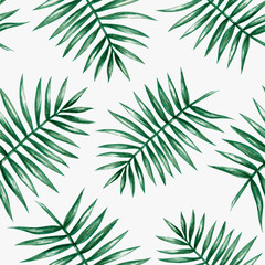 Watercolor tropical palm leaves seamless pattern. Vector illustration.