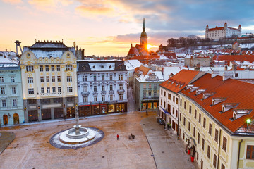 View of the main square and the old town from the tower of the city hall, Bratislava, Slovakia. - obrazy, fototapety, plakaty