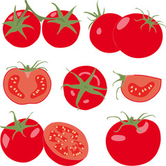 Tomato. Set tomatoes and slice. Isolated vegetables on white background