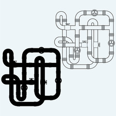 Maze of metal pipes, sewerage. Isolated on blue background. Vector silhouettes