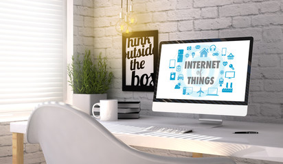 Stylish workplace with computer with Internet of things concept