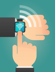 Hand pointing a smart watch with a radio signal sign