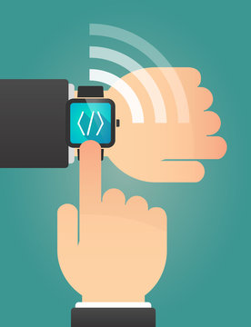 Hand pointing a smart watch with a code sign