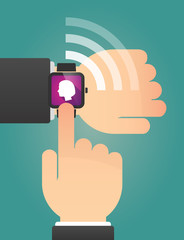 Hand pointing a smart watch with a female head
