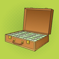 Suitcase with money pop art style vector