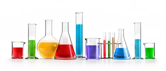 Farbige Chemiegläser in Reihe - obrazy, fototapety, plakaty
