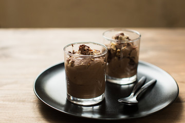 Vegan chocolate mousse from tofu in a glass